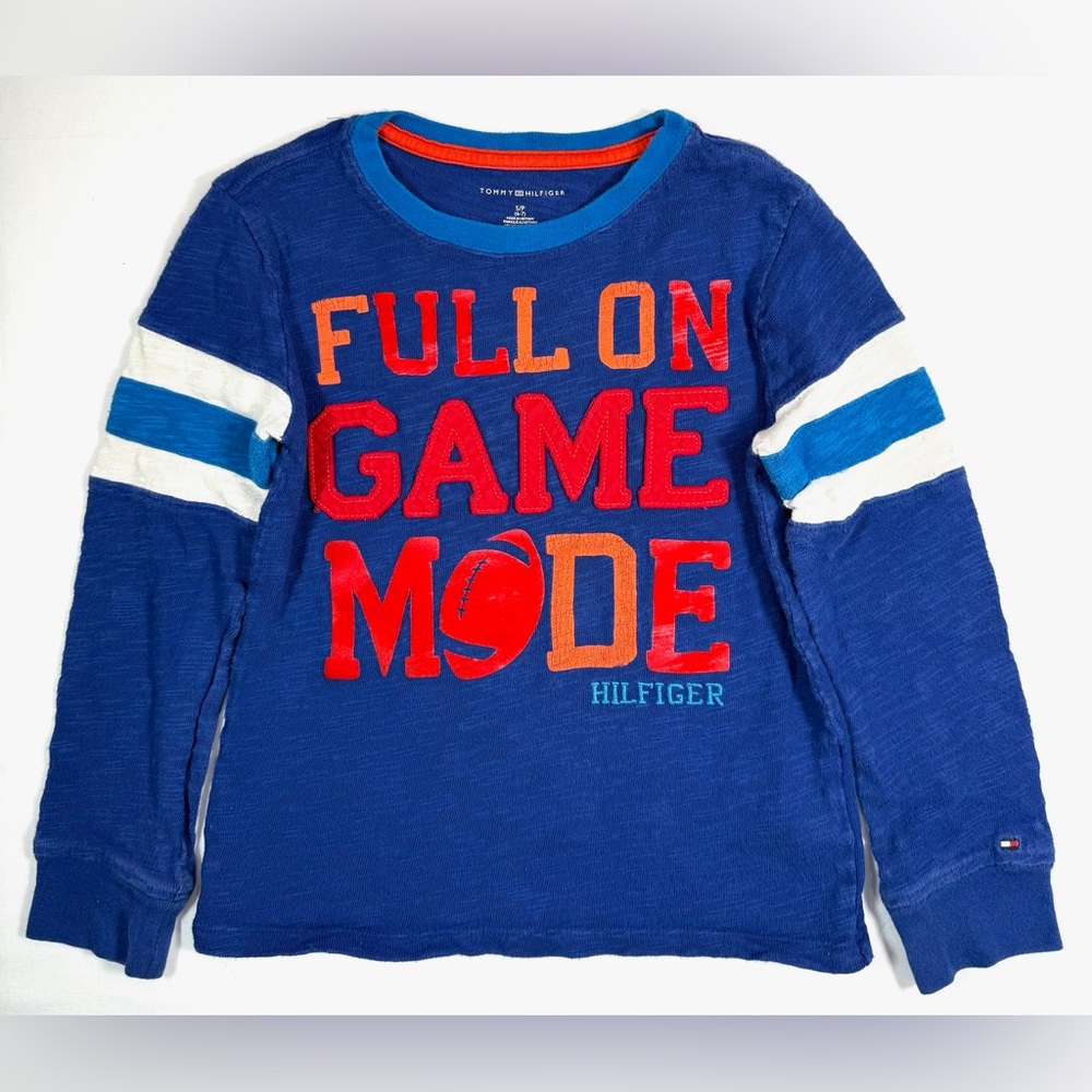 TOMMY HILFIGER Boys’ “Full‎ On Game Mode” Rugby Stripe Long Sleeve Graphic Tee S